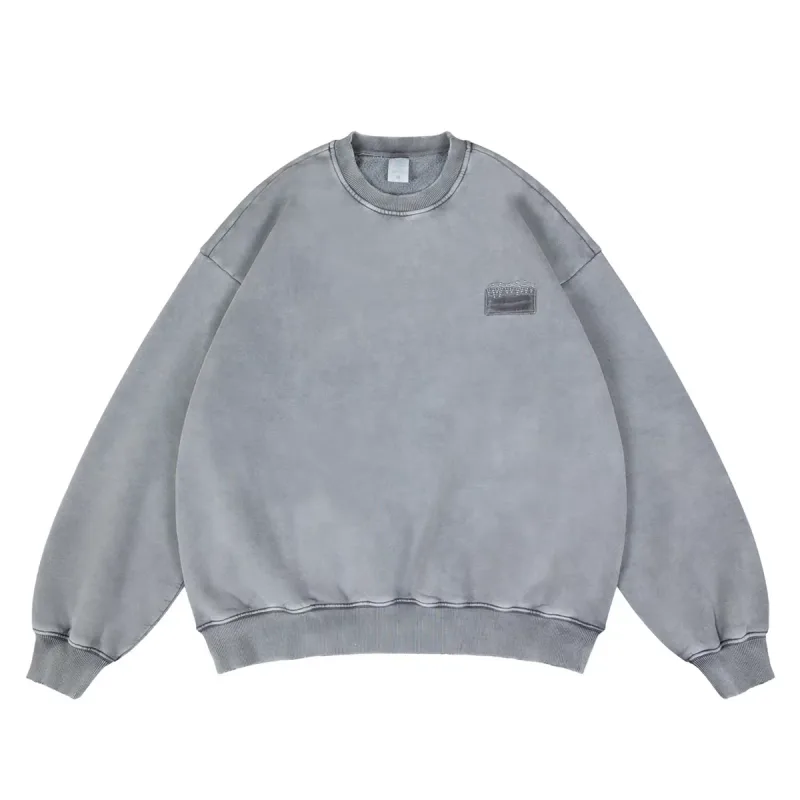 Nice Washed Embroidery Solid Crewneck Men Women Oversized Heavy Fabric Unisex Sweatshirts