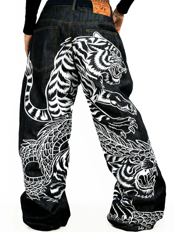 Y2K Vintage Baggy Jeans Men Orange Graffiti Print Wide Leg Skate Pants Retro 90s Hip Hop Streetwear Dark Denim Trousers