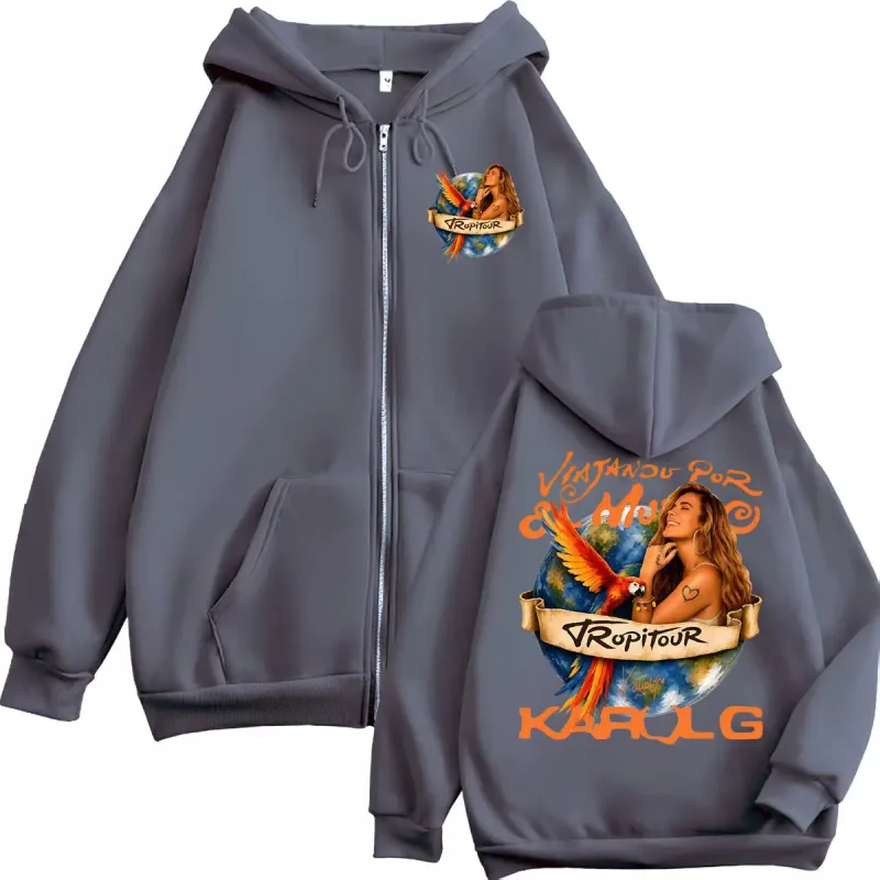 Karol G Tropicoqueta Tour 2026 Graphic Zipper Hoodie High Street Fashion Trend Zip Up Pullovers Unisex Casual Loose Sweatshirts — image 4