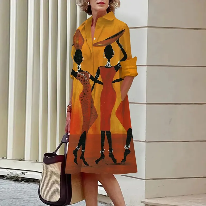 Zomer Nieuwe Damesjurken Mode Karakter Kunst Patroon Losse Grote Maat Casual Temperament Commuter Onregelmatige Lange Rok Tops