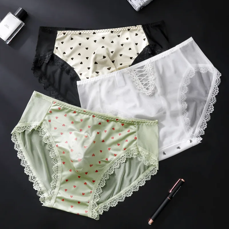 Sexy Lace Mens Briefs 3D Pouch Floral Edge High Elastic Sweet Heart Bow Print Mesh Splicing Underwear