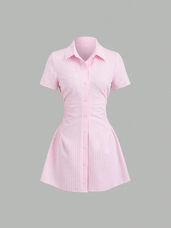 Women's Summer Mini Dress V Neck Bubble Sleeve Pleated A Line Shirt Dress Casual Short Dresses for Women