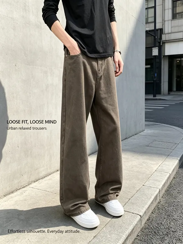 Baggy Jeans for Men Retro Style Solid White Loose Wide Leg Denim Trousers Men Casual Daily Streetwear Washed Men's Jeans Pants