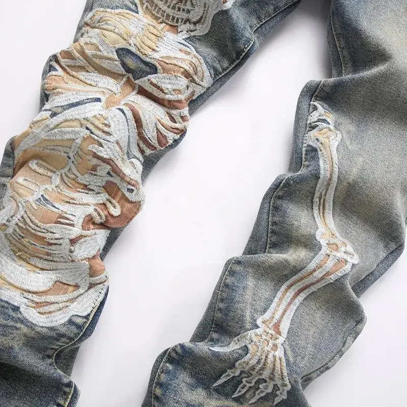 Men's Skull Boot Cut Denim Jeans Vintage Blue Devil Embroidery Stretch Pants Slim Flared Trousers