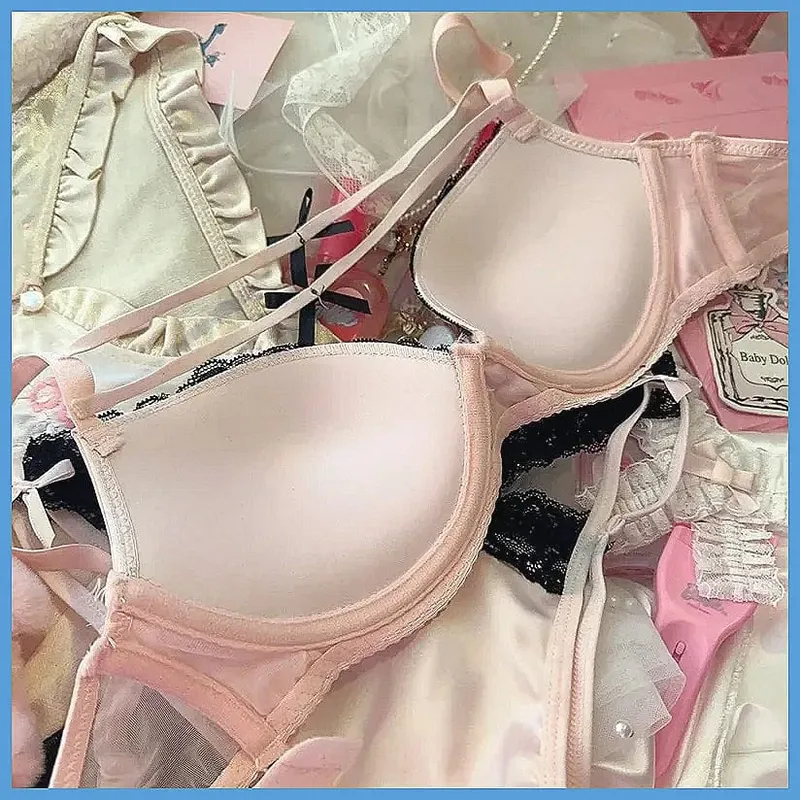 Sexy Lace Lingerie Set with Bow Spaghetti Straps & Steel Ring Uplift Bra for Women