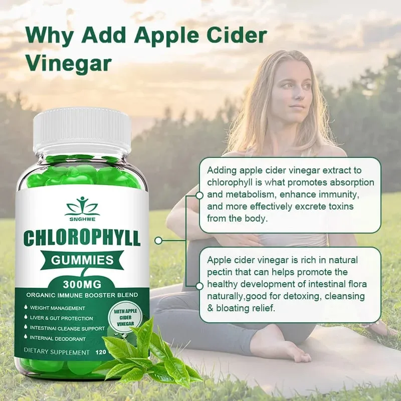 Chlorophyll Gummies-with ACV Vitamin D3 C E B12 -Natural Deodorant Energy Boost Immune&Digestion Support Vegan 60 Candies