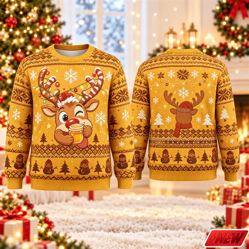 Cute Reindeer Graphic Ugly Christmas Sweater Men Women 3d Printed Christmas Tree Sweatshirt 2027 New Year Party Crew Neck Hoodie