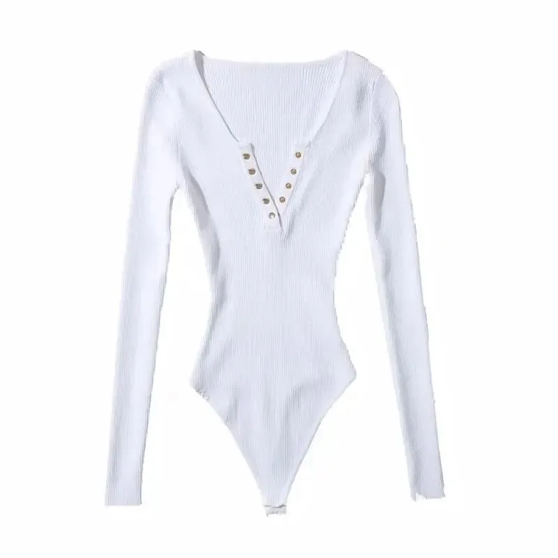 Long Sleeve Gold Button Detail Slim Fit V-Neck Bodysuit Sexy Elegant Wear Spring Autumn Women's Trendy Ribbed Knit Bodysui