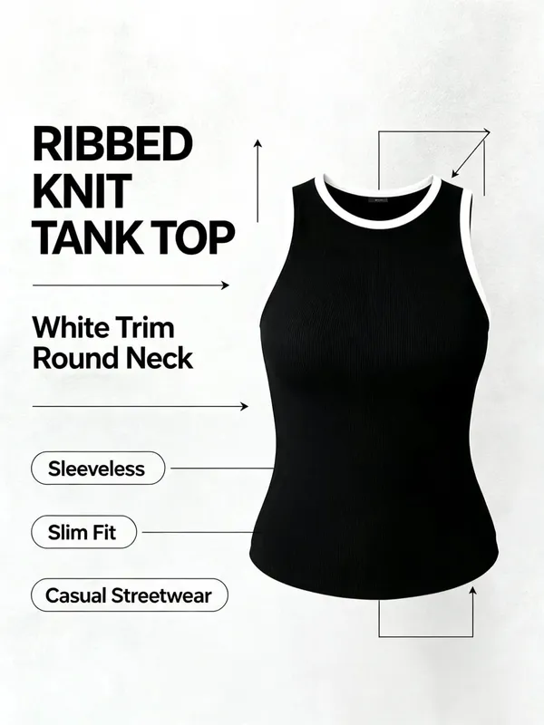 2026 New Contrast White Trim Ribbed Tank Tops Women Sleeveless Round Neck Slim Fit Black Basic Cami Vest Streetwear