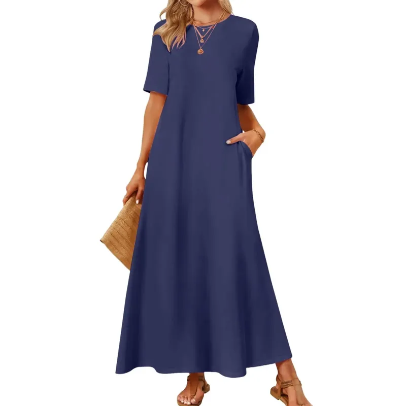 Nữ Mùa Hè Áo Đầm Tay Ngắn Cổ Tròn Đầm Maxi Có Túi Áo Đầm Sundress Màu Trơn Một Đường Áo Dài