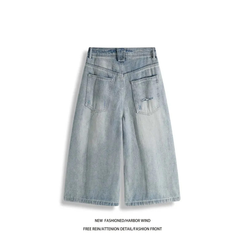 Summer New American Retro Blue Ripped Design Loose Wide Leg Cropped Pants Men's Jeans Man Pants