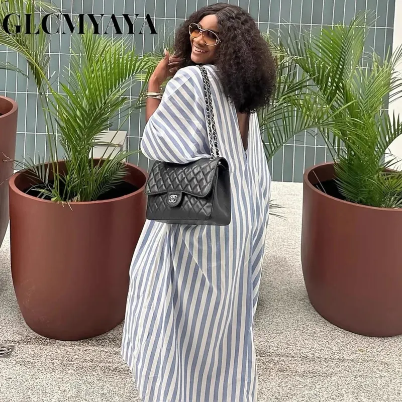 2026 Fall Holiday Half Sleeve Striped Print V-Neck Loose Long Dress Street Africa Women Party Vestidos Dresses Vestidos