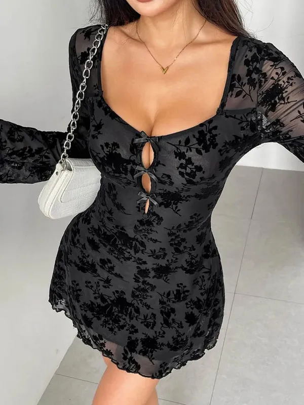 2026 Autumn New Women Floral Flocking Mesh Mini Dress Long Sleeve Square Neck Hollow Out Bow Tie Slim Bodycon Party Dresses