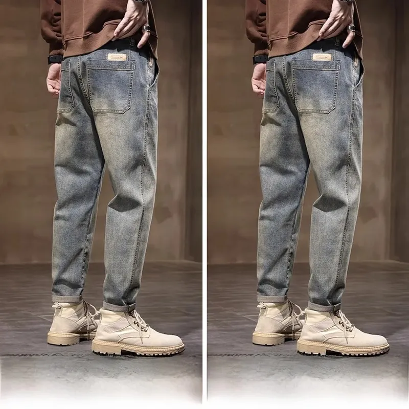 Spring Summer New Retro Men's Jeans Straight Leg Elastic Casual Versatile Classic Mid-Rise Long Pants Comfortable Fit