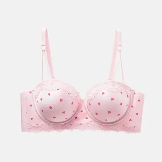 Sweet Girl Heart Lace Lingerie Set Push Up Bra For Small Bust Side Support Anti Sag Underwire Bra Briefs Soft Daily Wear 32-38AB