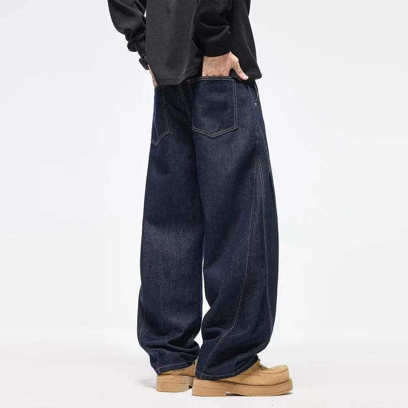 Autumn Winter 2026 New Fashion American Style Men's Dark Blue Solid Color Casual Trendy Simple Basic Wide Leg Loose Jeans Pants