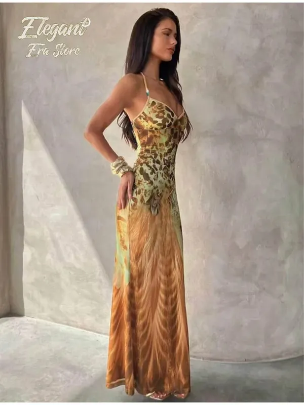 Vintage Print Sleeveless Irregular Hem Dress Women's Sexy Backless High Waist Slim Fit Vestidos Summer Lady Vacation Beach Wears — image 4