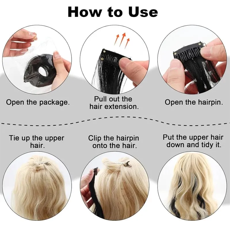24 Inch Hair Extensions Black Straight Length Synthetic Hair Clips Party Highlights Women's Styling Hair Patches (5pcs in Blac