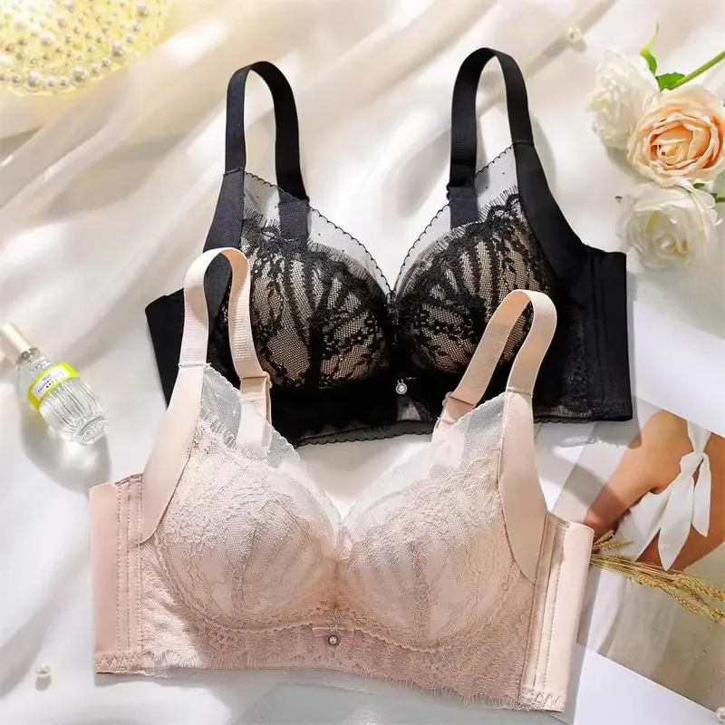 Sutiã push-up de renda bordado sexy feminino respirável ajustável lingerie anti-flacidez sem copo vazio para conforto de suporte