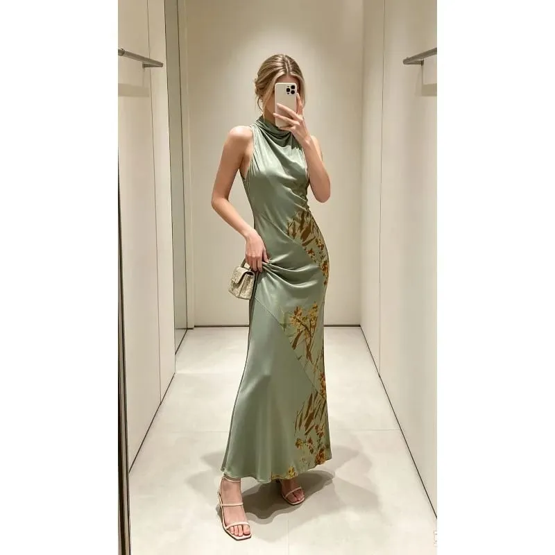 2026 女款簡約服裝優雅半高領修身無袖露背百褶印花性感派對俱樂部長裙