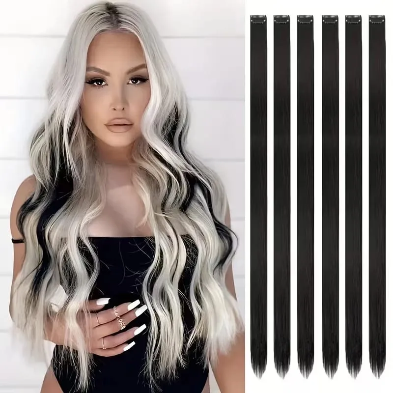 22Inch Synthetic 6pcs Long Straight Hair Extension Colored Rainbow High-Temperature Fiber Hairpiece for Women Daily Party Use