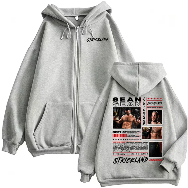 Sean Strickland Retro 90s Style Zipper Hoodies Men's Violence Aesthetic Sweatshirt Jacket Coats Fleece Long Sleeve Zip Up Hoodie