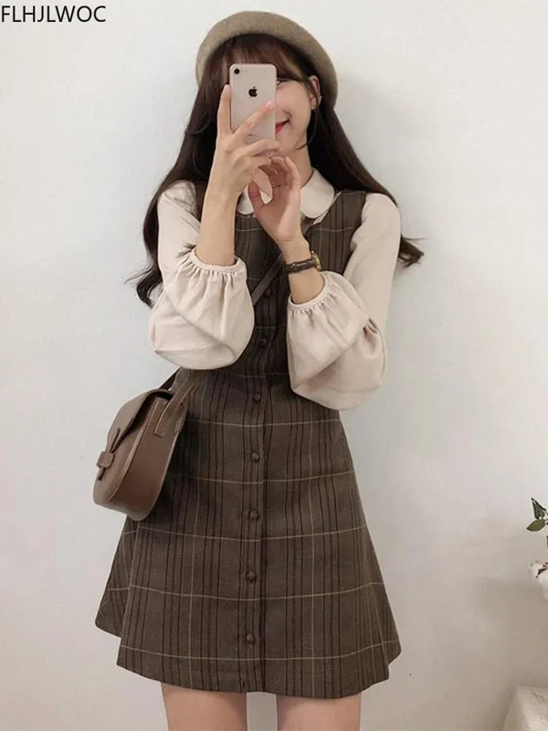 Bonito mini ano novo data vestidos sem mangas colete feminino coreia estilo japonês design retro vintage xadrez botão camisa vestido 11021