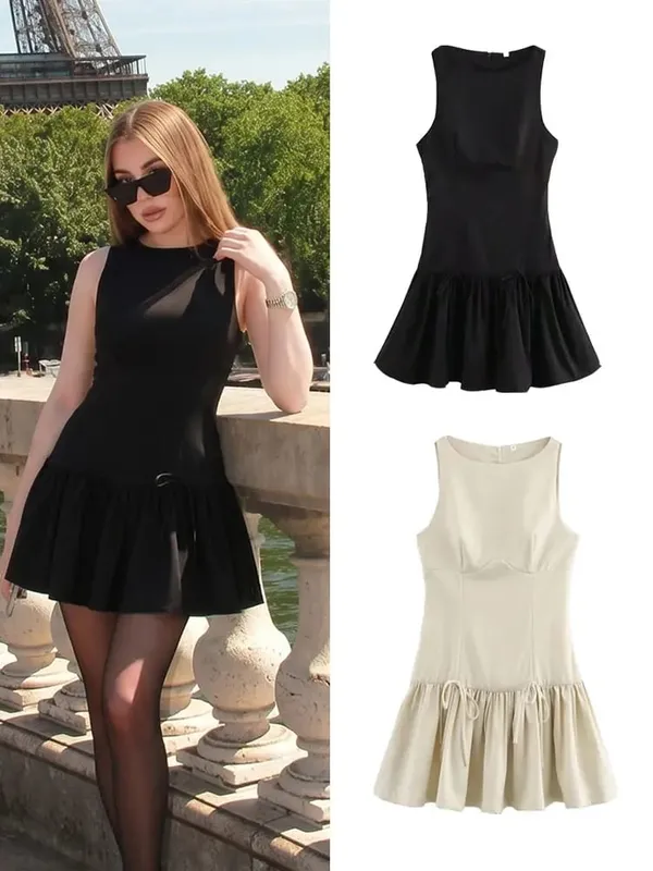 HH Minimalist Womens Sleeveless Ruffle Dress Back Zipper Casual Office Workwear Fashion Weekend Party Vacation Mini Dress