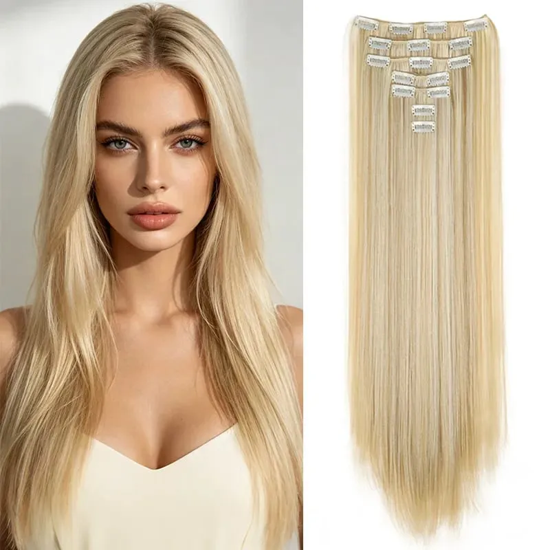 24Inch Synthetic 7pcs/set Long Straight Clip in Hair Extensions Invisible Fake Clips on Hairpieces for Women Party Daily Use