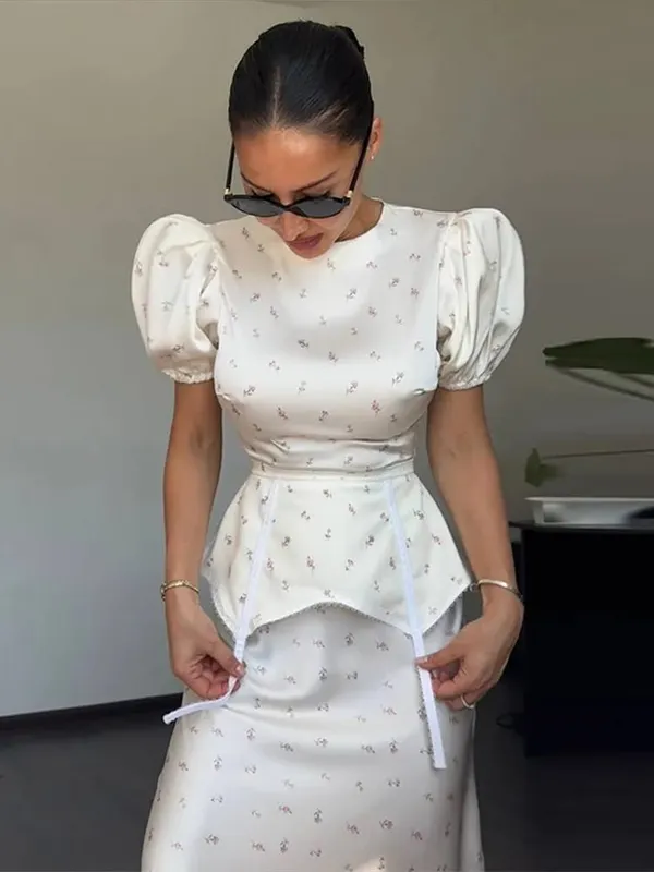 Women's White Floral Print Puff Sleeve Dress With Waistband Fashion Satin Ruffled Hem Maxi Dresses Lady 2026 Elegant Party Robe