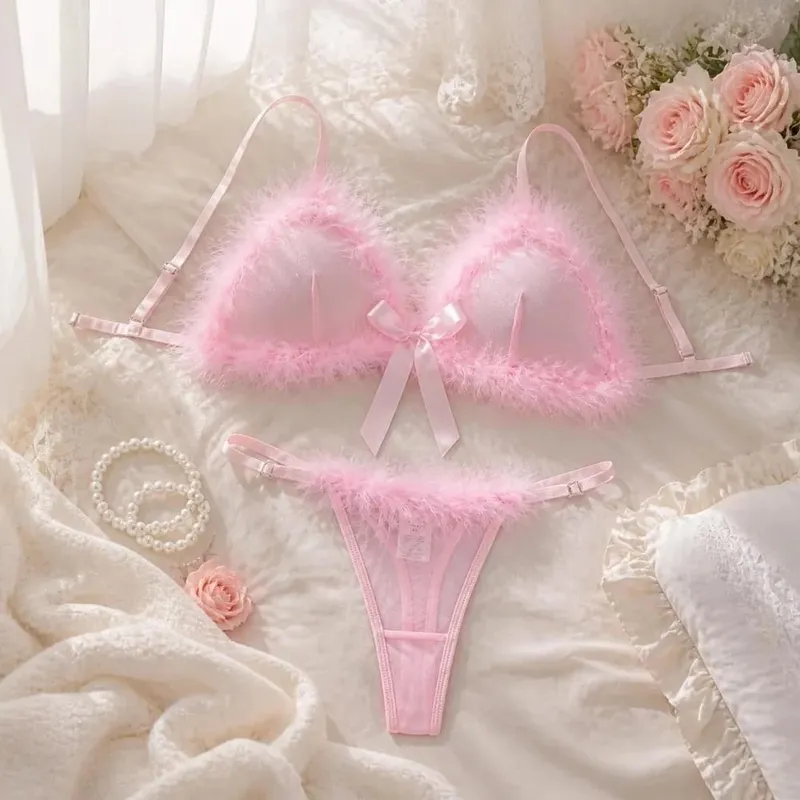 Furry Women's Underwear Mesh Transparent Wireless Lingerie Set Bow Decor Romantic Intimate Bra Panties Suit Valentine's Day