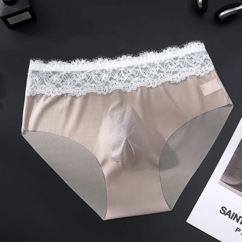 Lace Edge Ice Silk Men's Triangle Pants Traceless Breathable Thin Men's Underwear Low Waist Soft Seamless Comfort Male Briefs