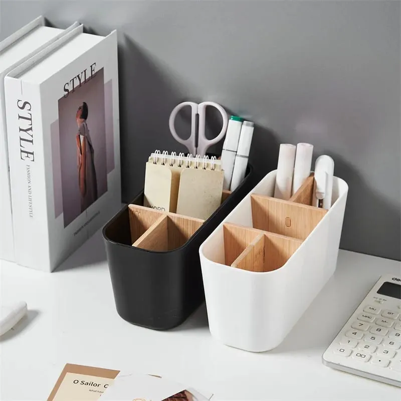 Makeup Brushes Holder with Bamboo 5 Slots Dividers Multipurpose Makeup Brush Comestic Tools Lipstick Desktop Storage Organizer