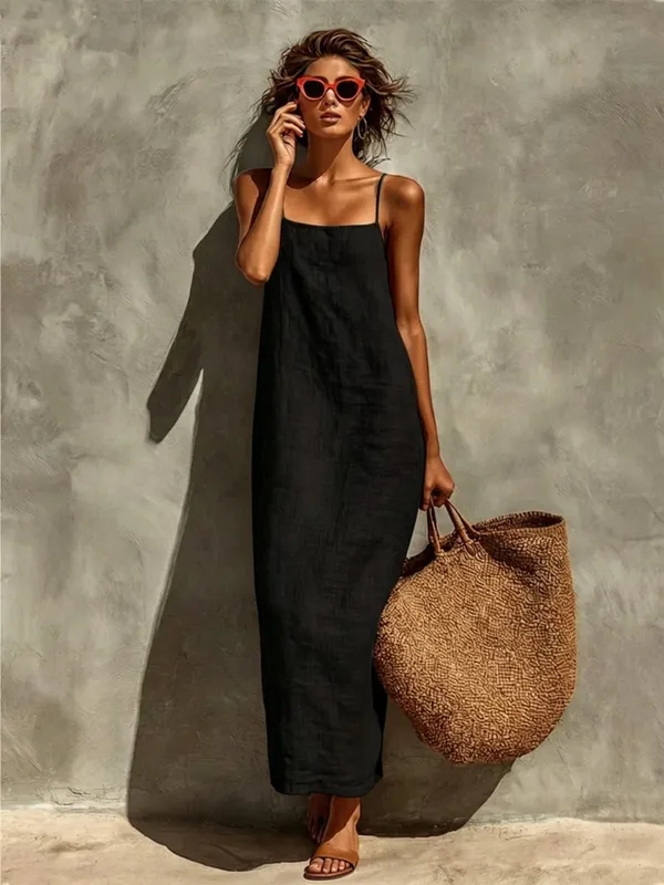 2026 Summer Women Cotton Linen Spaghetti Strap Maxi Dress Solid Color Loose Sleeveless Slip Long Dress Bohemian Beach Vacation S