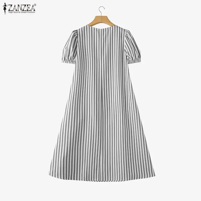 Women Summer Sundress Stylish Striped Dress 2026 Square Neck Short Sleeve Midi Robe Elegant Casual Holiday Beach Dresses