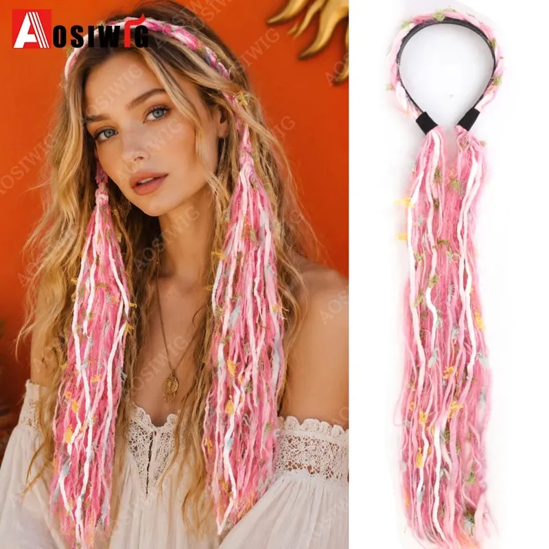 Synthetic Boho Braided Hair Extensions for Women Clip In Festival Hairpiece with Beads Feathers Hippie Hair Accessories