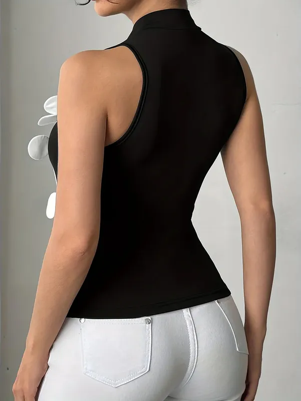 Women's High Neck Halter Bodysuit 3D White Flower Applique Sleeveless Slim Fit Black Top