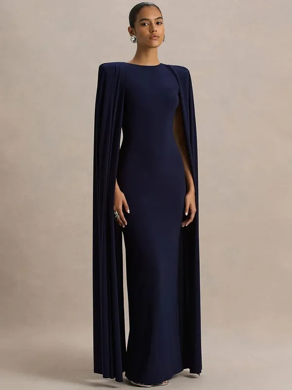 Mozision Cape Sleeve Sexy Maxi Dress Women Gown Elegant Fashion Zipper O Neck High Waist Split Club Party Long Dresses Female