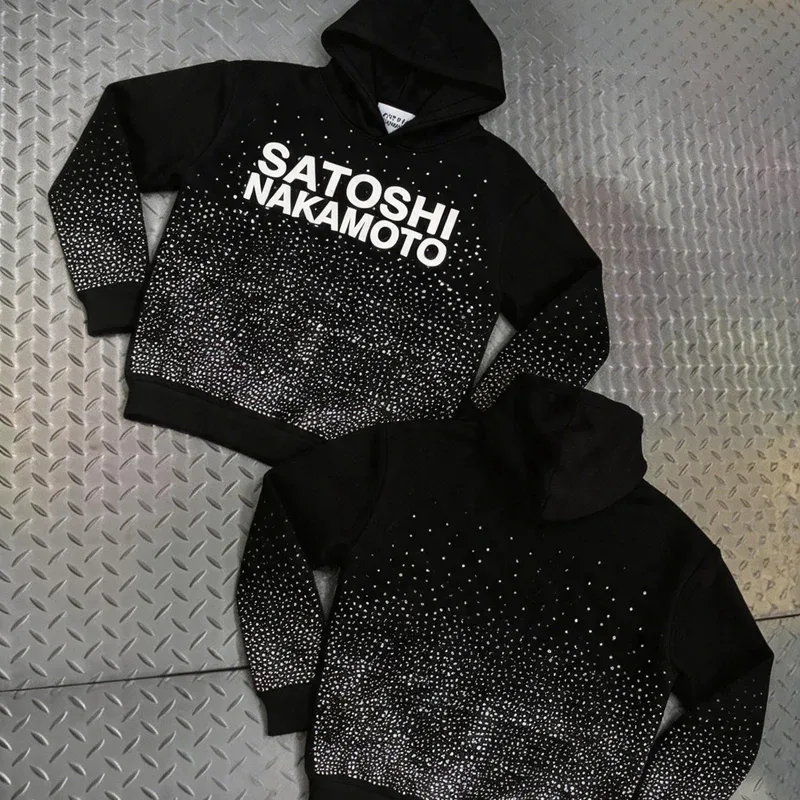 Hoodies Pullover 26ss Vintage Embroidery Leather Pattern Glittering Diamond Print Men's Hooded Hip Hop Style Sweatshirts