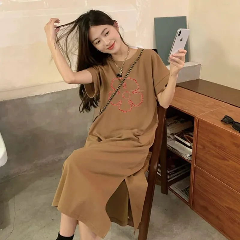 Women Summer T‑Shirt Dress Casual Loose O‑Neck Short Sleeve Flower Print Maxi Dress Side Split Long Dresses Daily Outfit