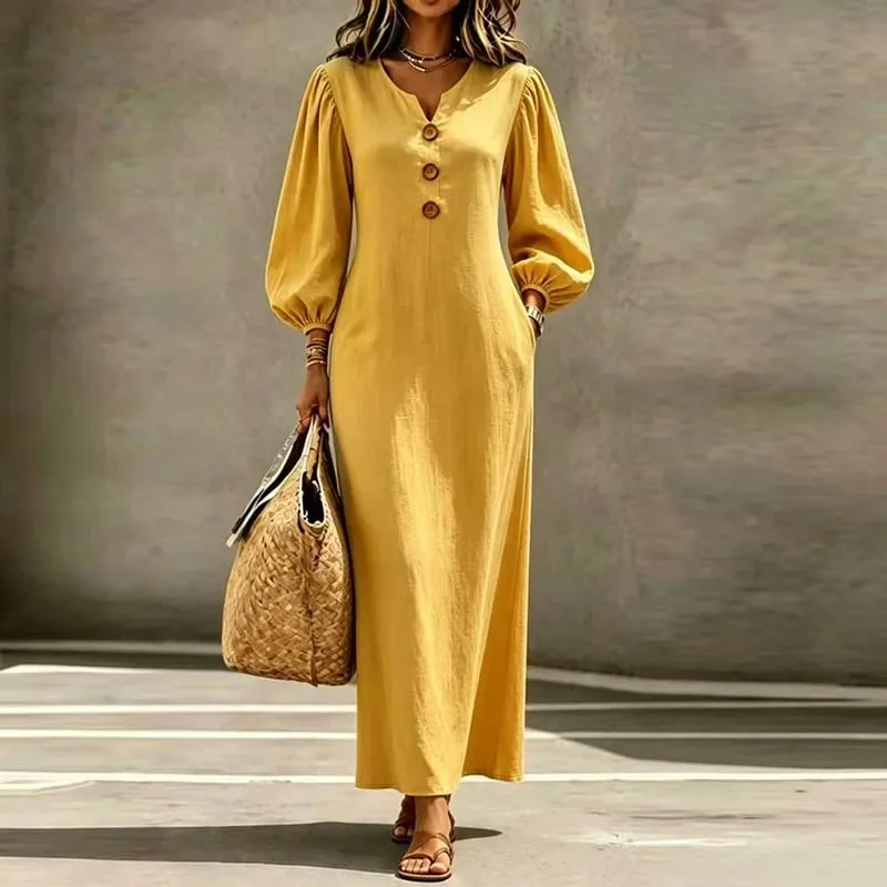 Vintage Casual Long Dress Women V Neck Wrist Puff Sleeve Loose Beach Holiday Dresses Women Casual Button Up Maxi Dresses Robe
