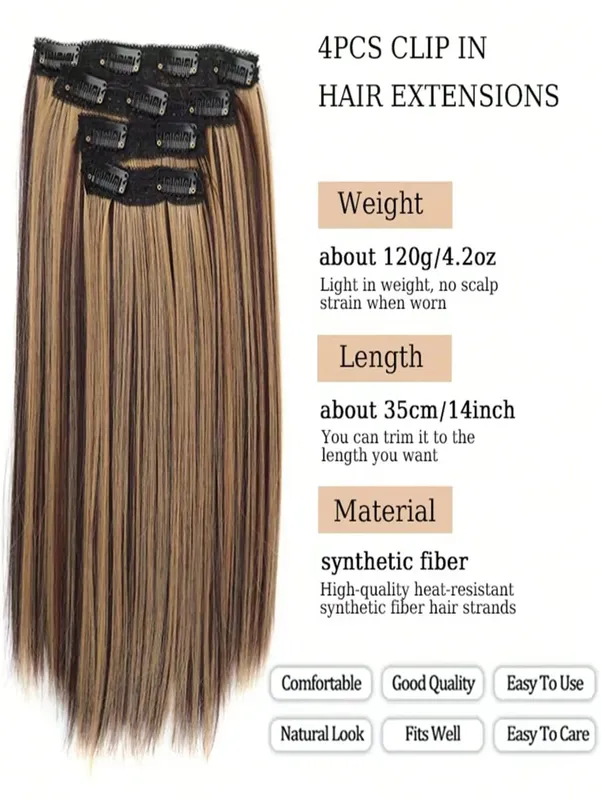 14Inch Synthetic Long Straight Hair Extension 4pcs/set Black Brown Blonde Adds Volume Hairpiece for Women