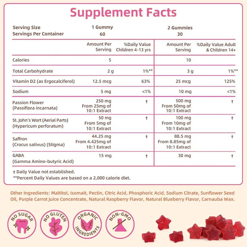 Gummies Safron untuk Kanak-kanak dengan Ekstrak Safron Bunga Keghairahan & Suplemen Sokongan Mood Tenang GABA untuk Mood Fokus & Relaksasi