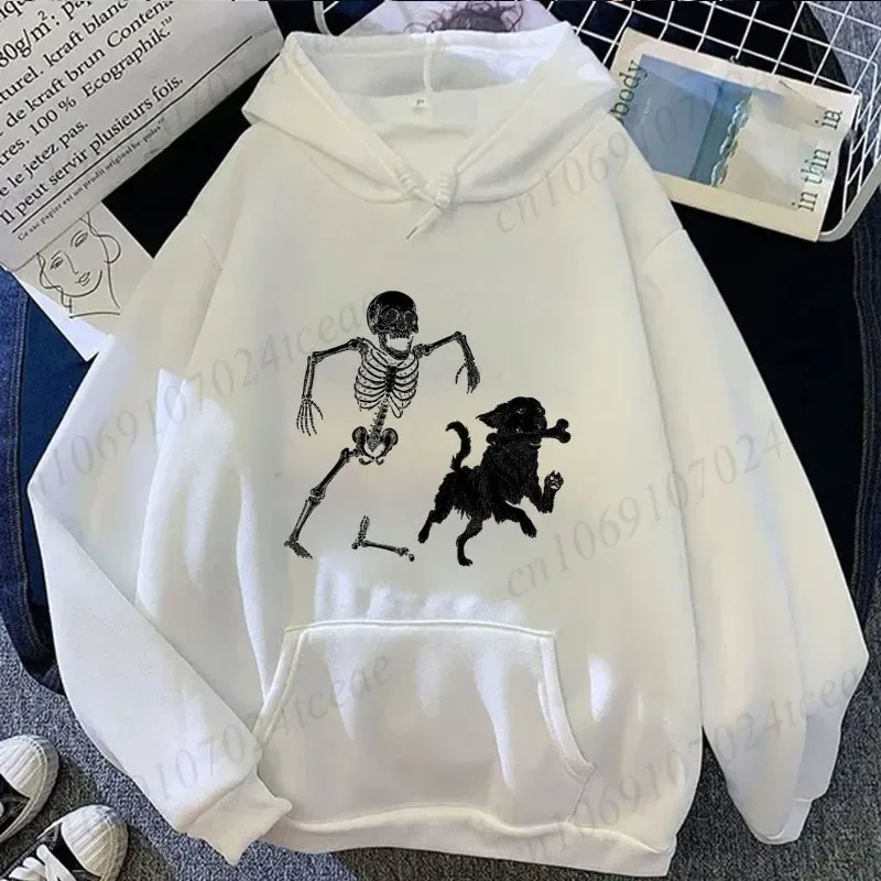 Hoodie Wanita Pria Halloween Antik Kaus Gambar Anjing Kerangka Lucu Atasan Kasual Lengan Pendek Kostum Pesta Halloween Pakaian Jalanan