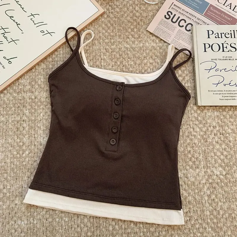 Canotta casual in due pezzi finta a strati Y2K Canottiera in maglia a costine Canottiera slim fit senza maniche con imbottitura sul petto per l'uso quotidiano