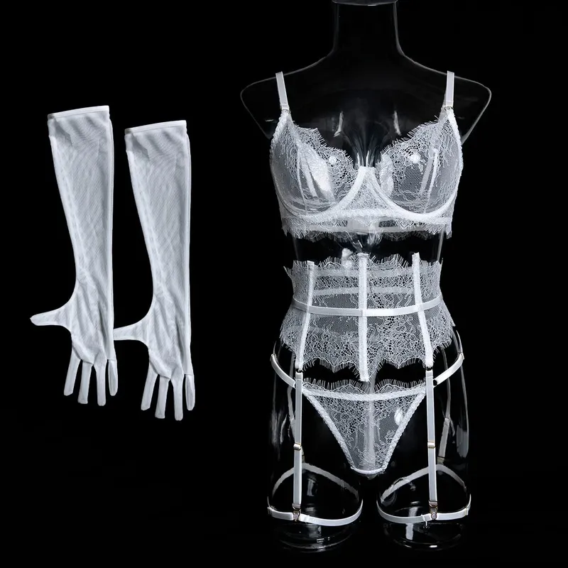 Sexy hot Lingеrie New Eyelash Lace 5-Piece Lingerie Set for Women with Underwire Bra Waistband Garter Belt Leg Rings Gloves