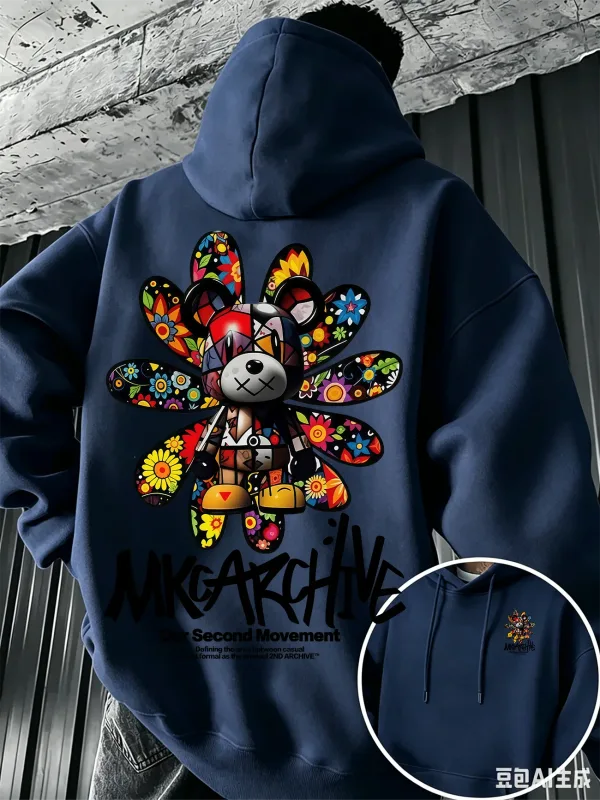 Men's Casual Hooded Sweatshirt – Colorful Floral Bear Graffiti Print Pullover Warm Street-Style Top for Autumn/Winter