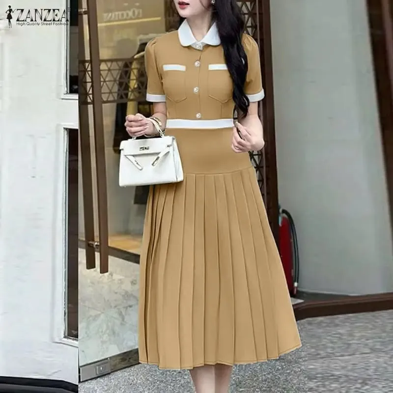 2026 ZANZEA Summer Elegant Lapel Neck Short Sleeve Sundress Women Stylish A Line Pleated Dresses Patchwork Work Midi Dress Robe