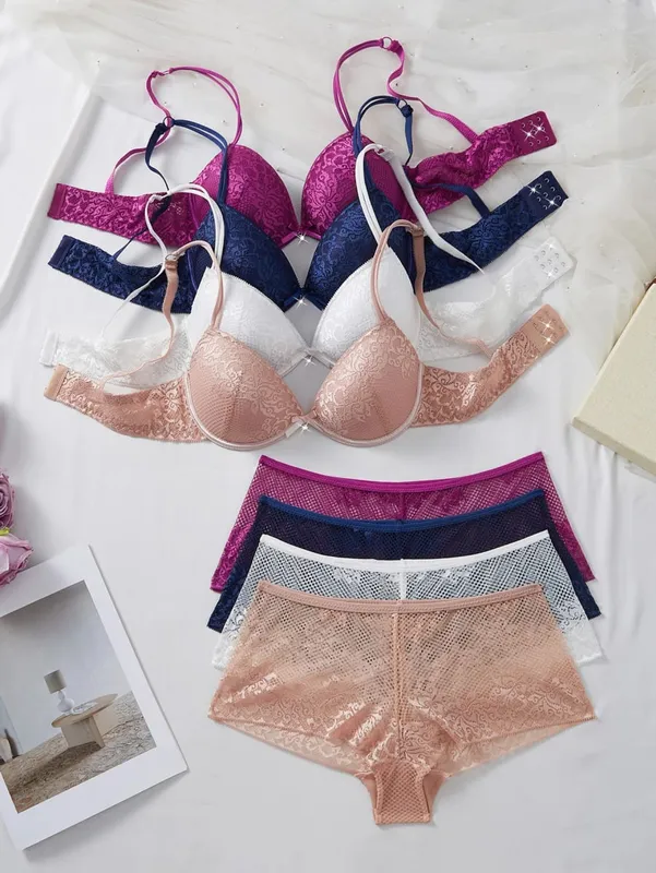 4PCS Women Floral Lace Lingerie Set Underwire Push Up Bra Sheer Mesh Breathable Panties Soft Comfort Sexy Underwear