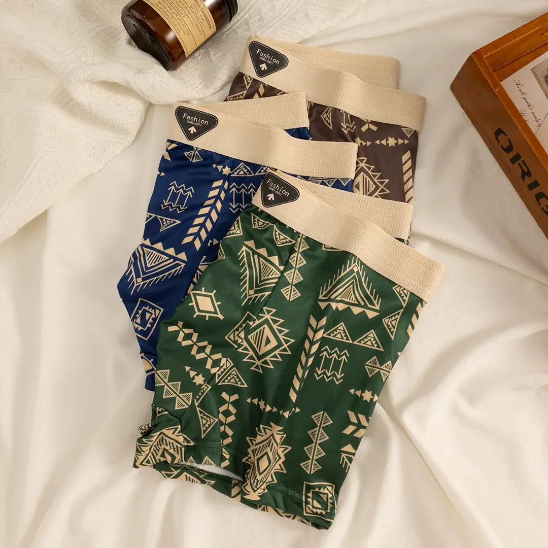 Erkek Boxer Retro Etnik Tarzı Rahat Pürüzsüz Kumaş Külot Vintage Baskı Elastik Iç Çamaşırı Erkek Iç Çamaşırı Düz ​​Külot